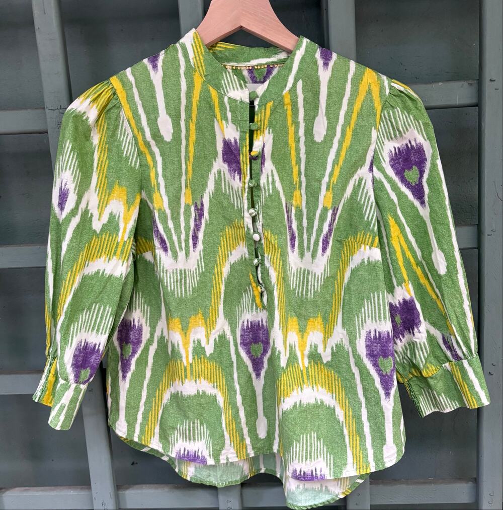 Anthropologie Sharona Blouse Green Ikat Print Sz SP boho resort maximalist